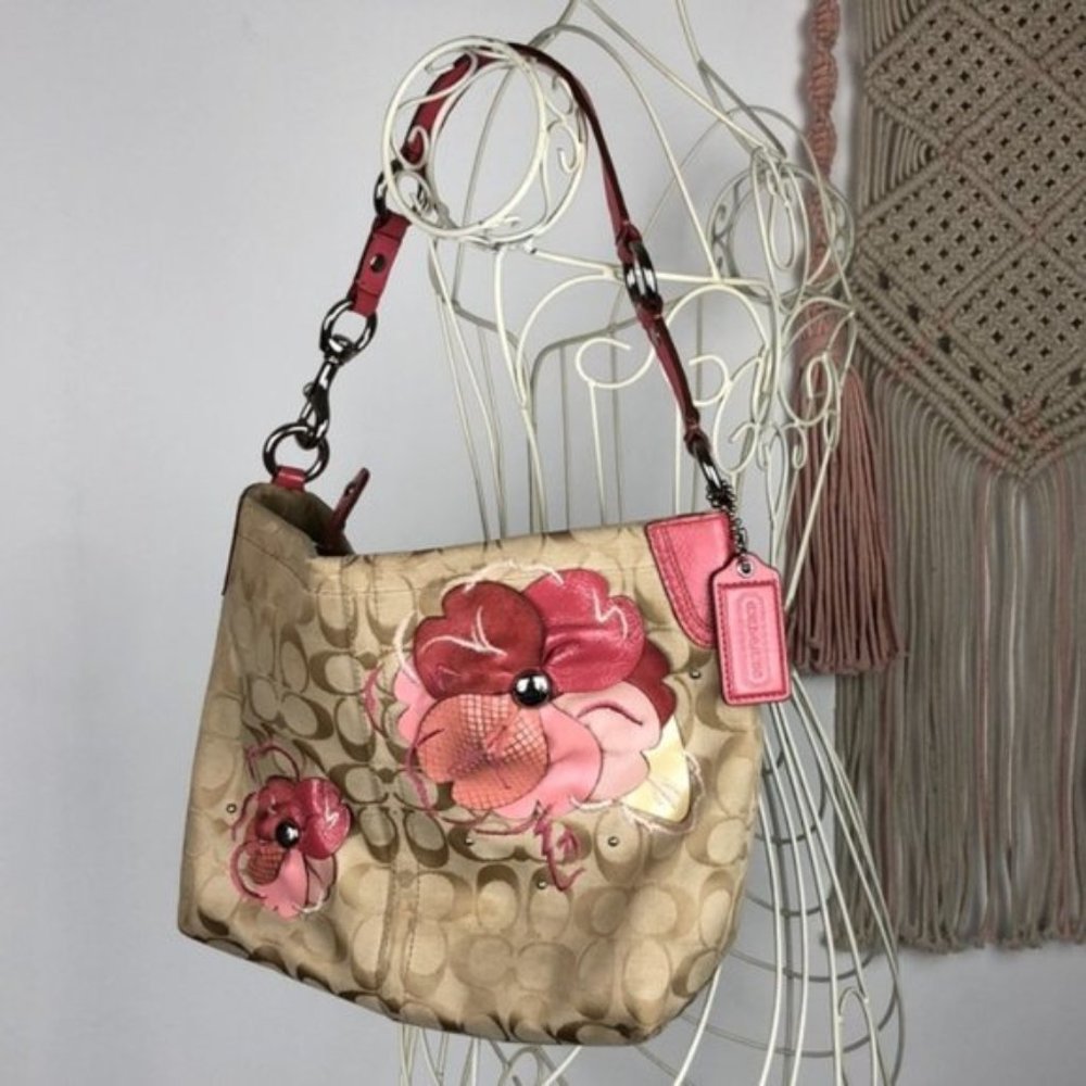 COACH floral bleecker pink floral appliqué purse